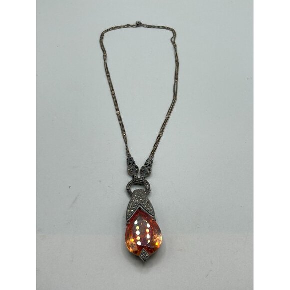 Sterling Silver Marcasite Pendant Necklace Cognac Glass Stone Removable Pendant - Picture 7 of 14
